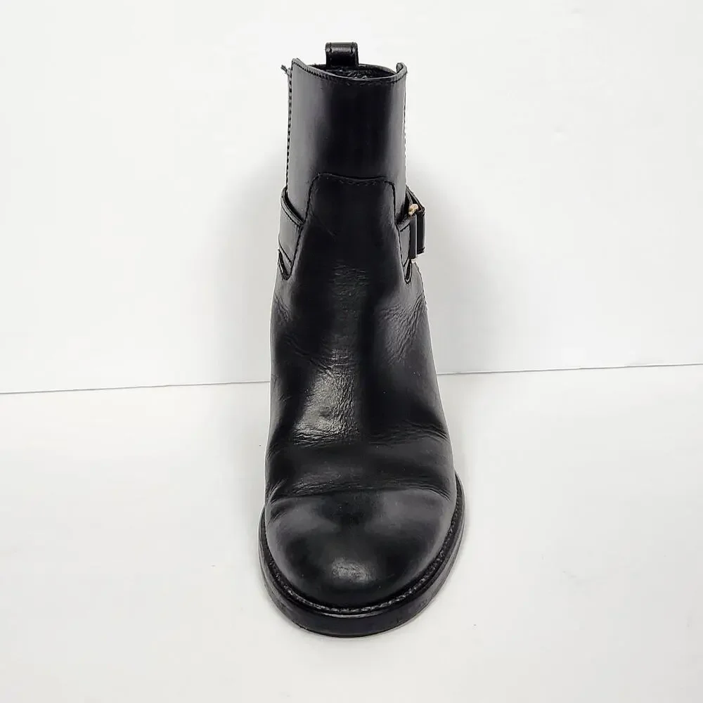 J CREW Black Leather Ankle Boots Womens Size 8 US Buckle Block Heel Booties